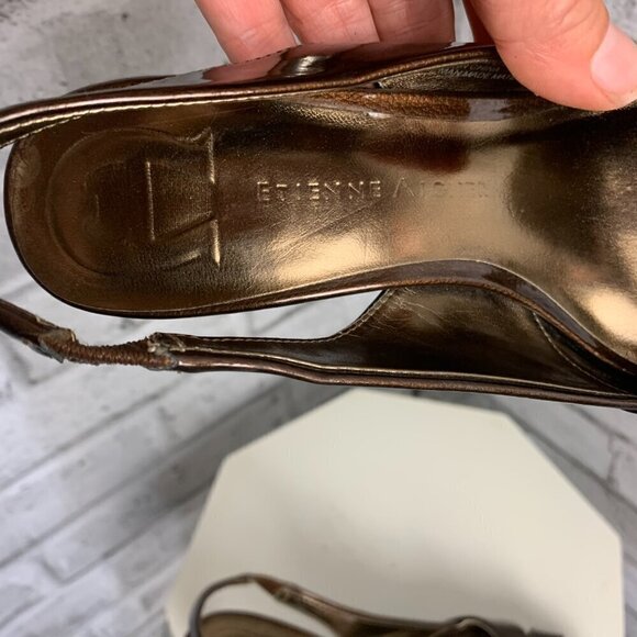 Etienne Aigner Ophelia Open Toe Sling Back Brown Patent Faux Leather Sandals - Picture 8 of 9